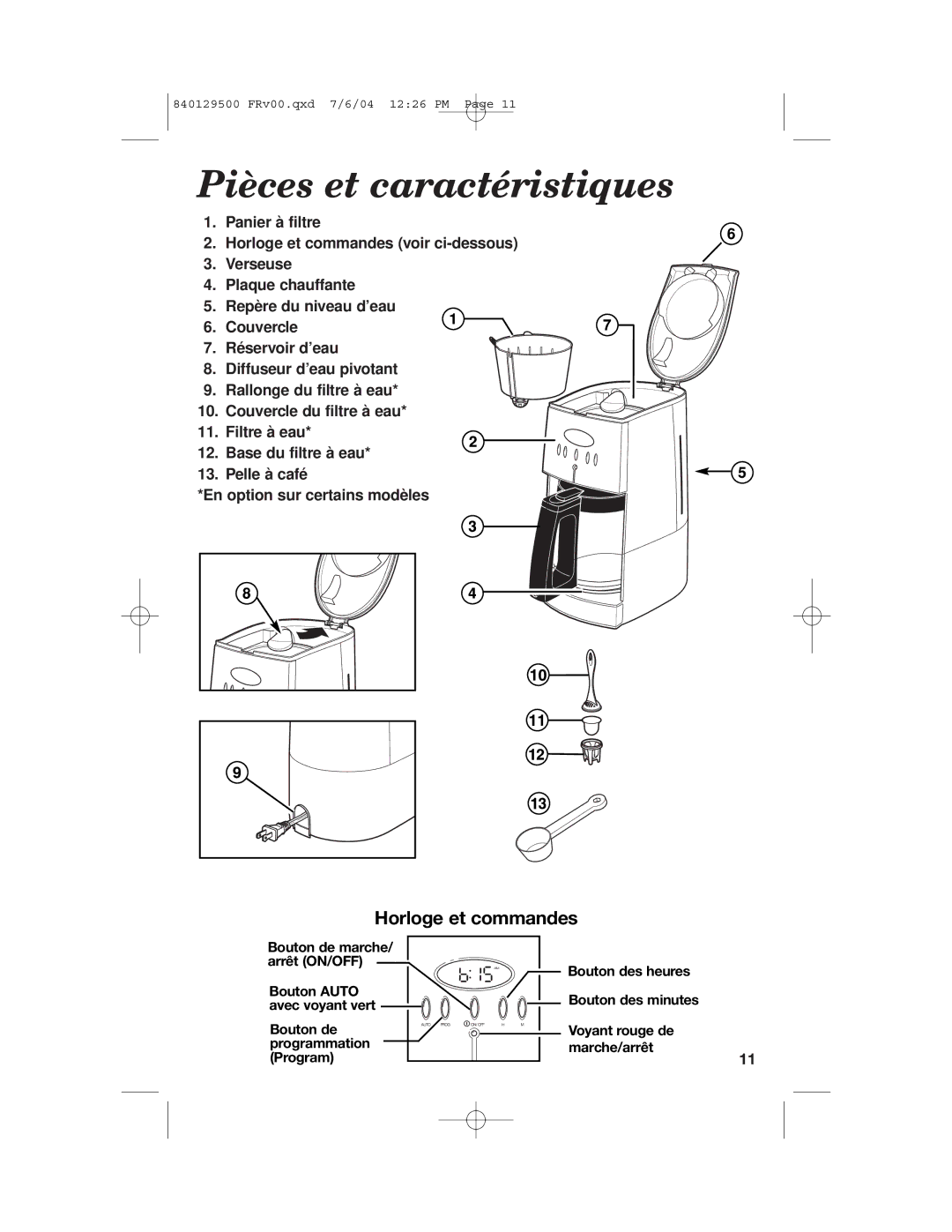 Hamilton Beach 43254, 43224C, 43251 manual Pièces et caractéristiques, Horloge et commandes 