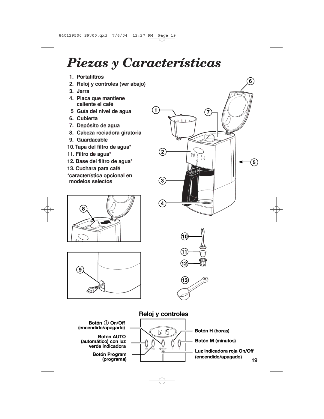 Hamilton Beach 43251, 43224C, 43254 manual Piezas y Características, Reloj y controles 