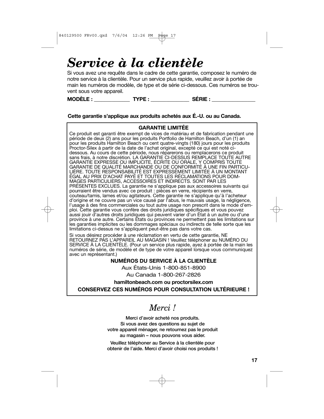 Hamilton Beach 43254 Service à la clientèle, Merci, Modèle Type Série, Garantie Limitée, Numéros Du Service À La Clientèle 