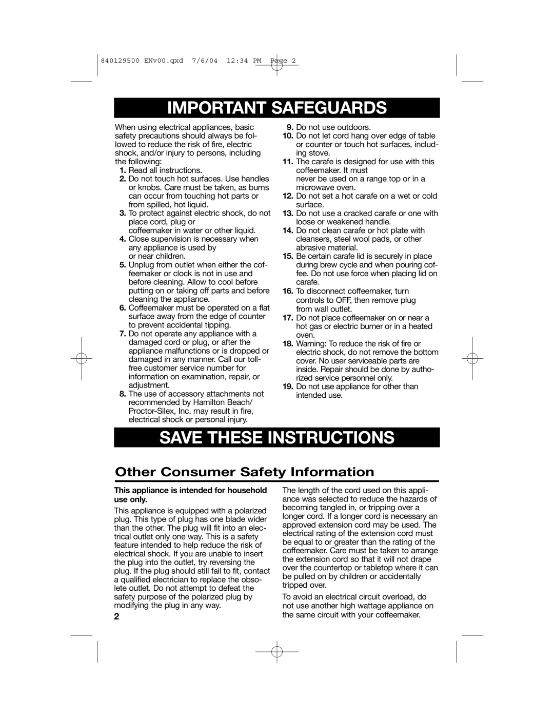 Hamilton Beach 43254, 43224C, 43251 manual Important Safeguards, Save These Instructions, Other Consumer Safety Information 