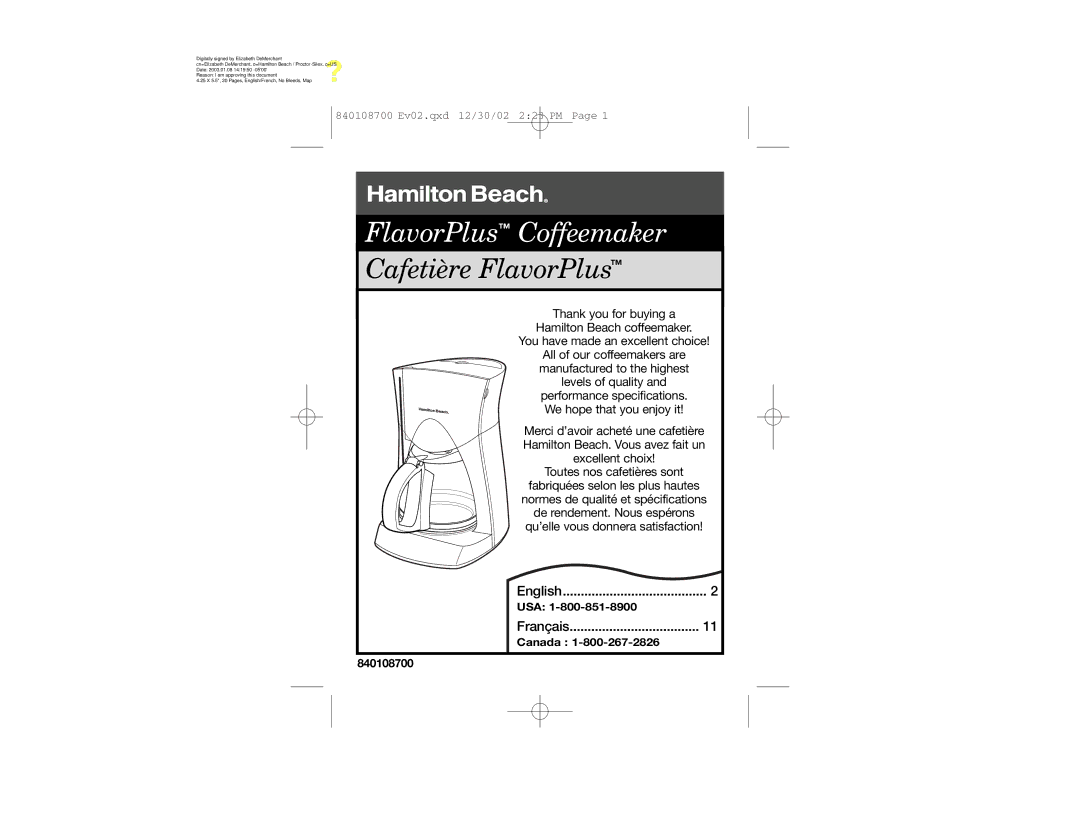 Hamilton Beach 43324 specifications FlavorPlus Coffeemaker 