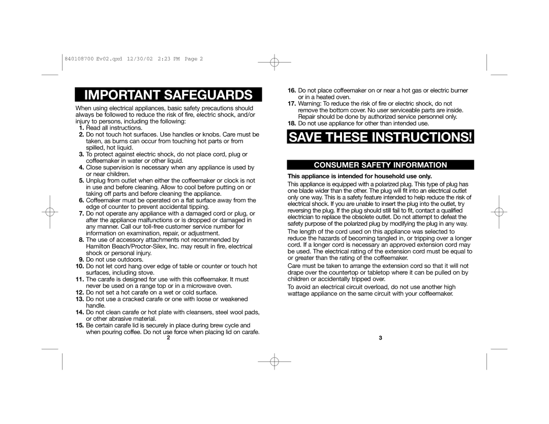 Hamilton Beach 43324 specifications Important Safeguards, Consumer Safety Information 