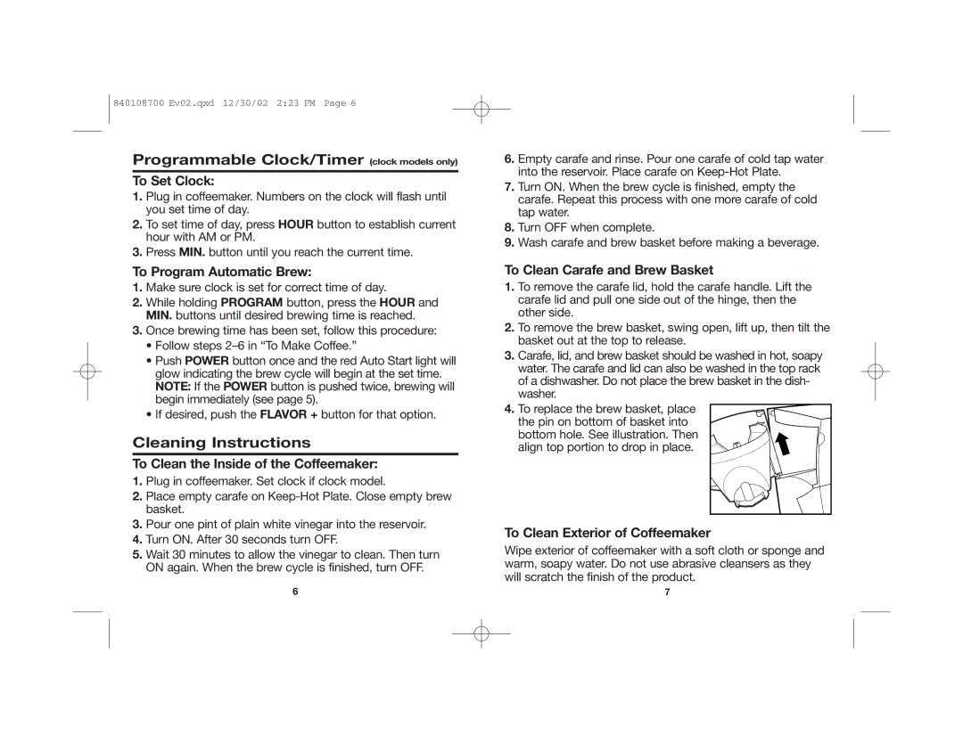 Hamilton Beach 43324 specifications Programmable Clock/Timer clock models only, Cleaning Instructions 