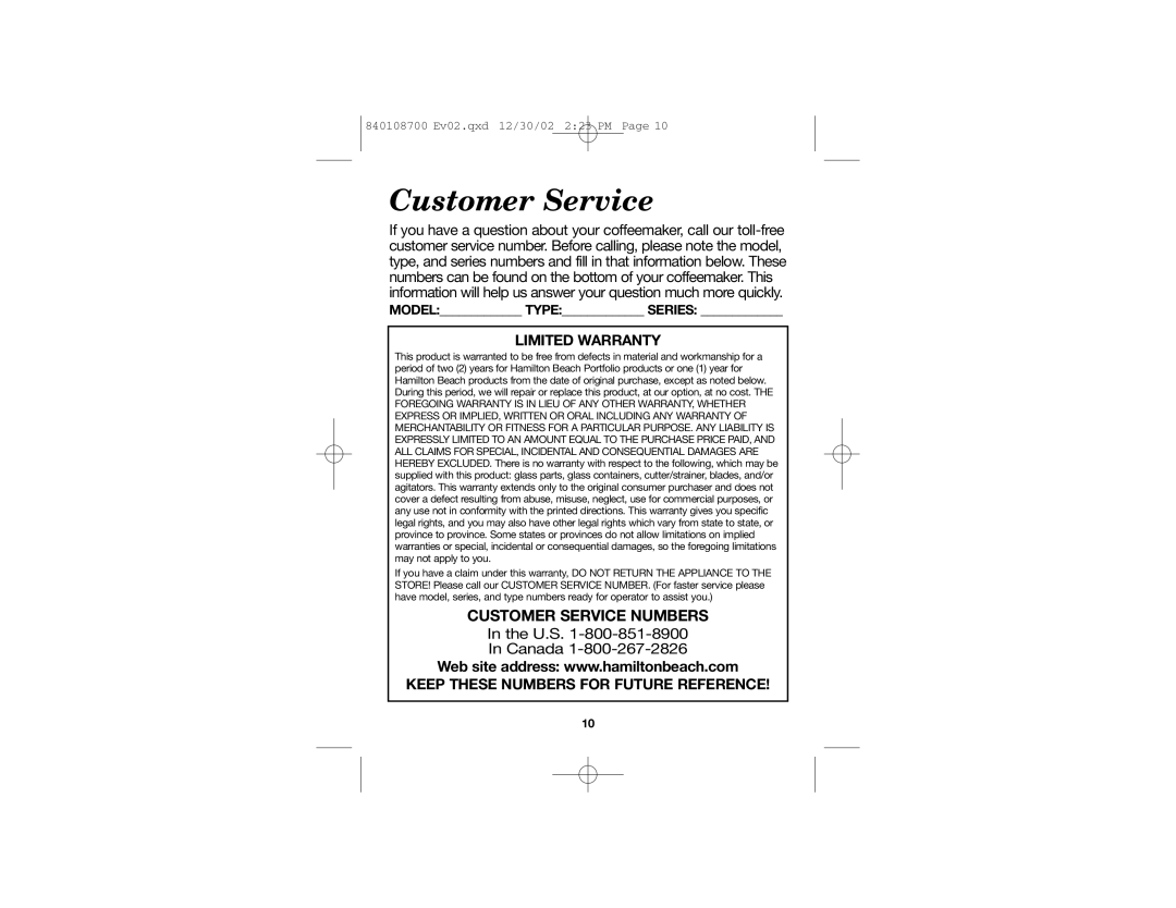 Hamilton Beach 43324 specifications Customer Service, Limited Warranty 