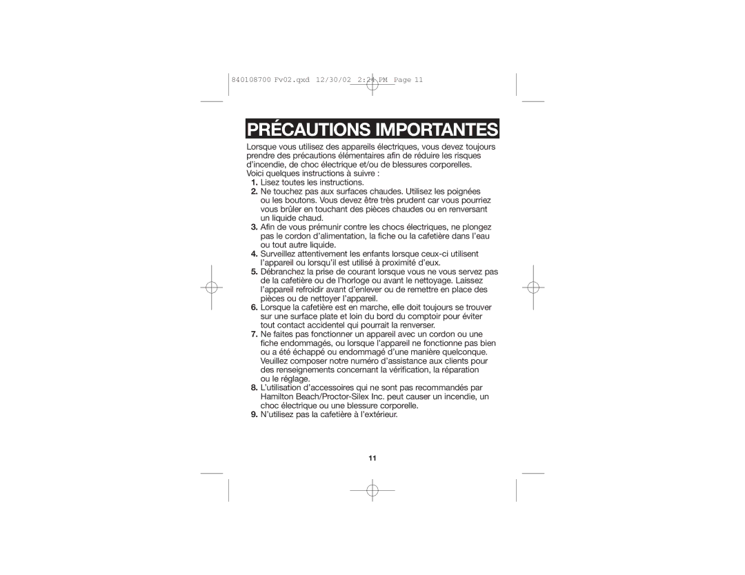 Hamilton Beach 43324 specifications Précautions Importantes 