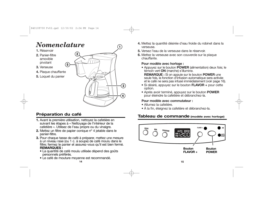 Hamilton Beach 43324 Nomenclature, Préparation du café, Pour modèle avec horloge, Pour modèle avec commutateur 