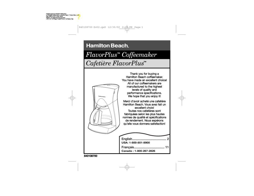Hamilton Beach 43324 specifications FlavorPlus Coffeemaker, Cafetière FlavorPlus, English, Usa, Français, Canada 