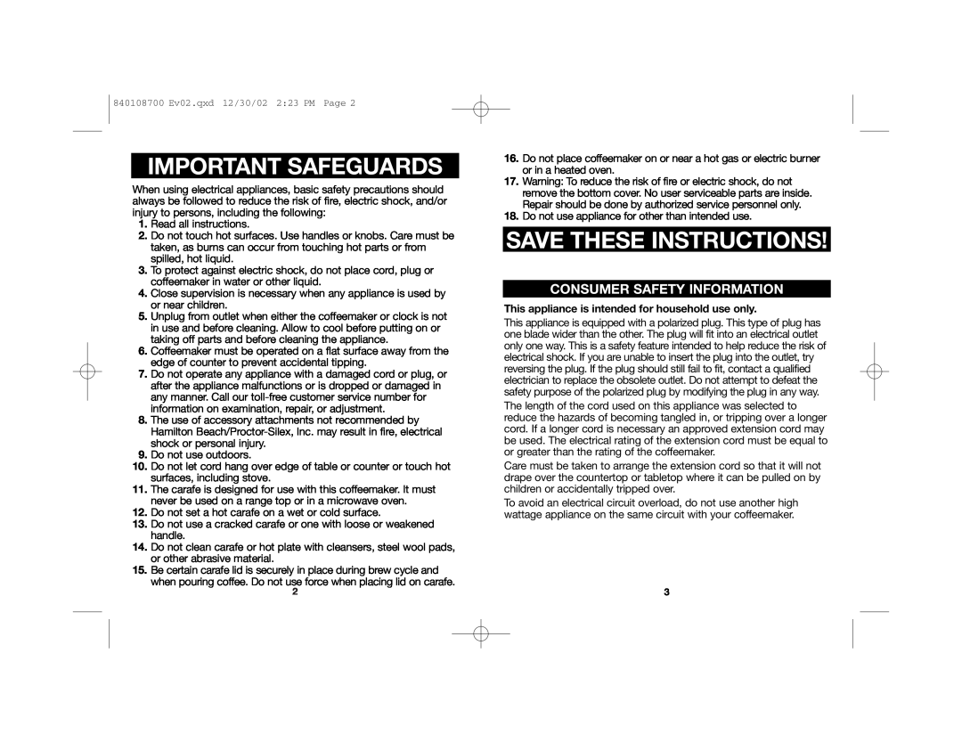 Hamilton Beach 43324 specifications Important Safeguards, Save These Instructions, Consumer Safety Information 