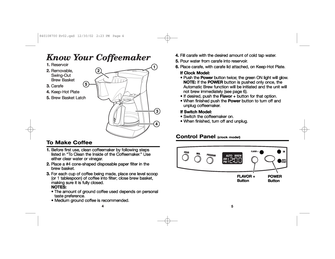 Hamilton Beach 43324 Know Your Coffeemaker, To Make Coffee, Control Panel clock model, If Clock Model, If Switch Model 