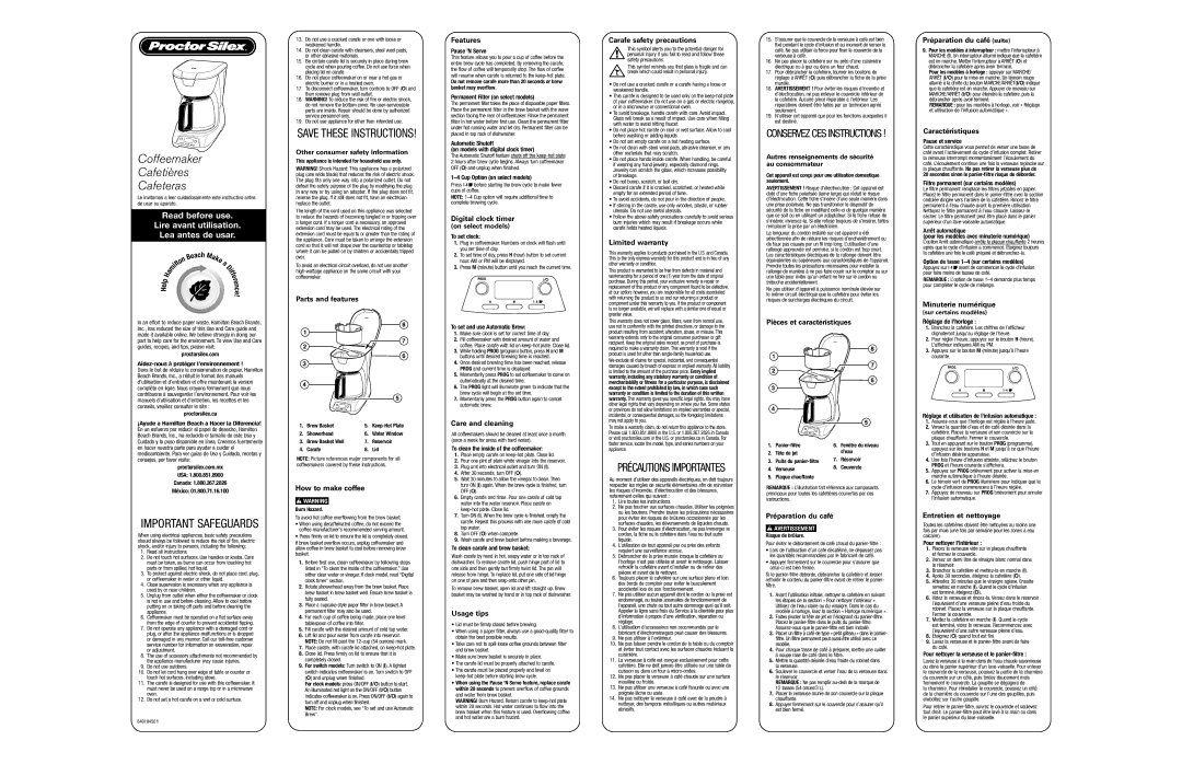 Hamilton Beach 43603 warranty Parts and features, How to make coffee, Features, Digital clock timer, Care and cleaning 