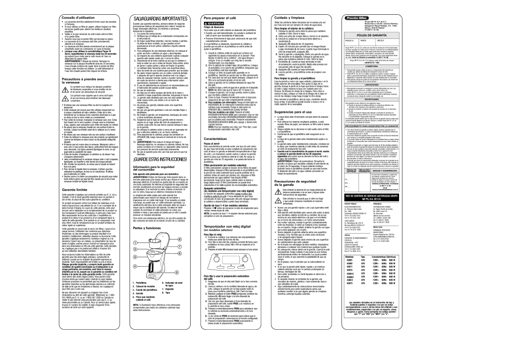 Hamilton Beach 43603 Conseils d’utilisation, Précautions à prendre avec la verseuse, Garantie limitée, Características 