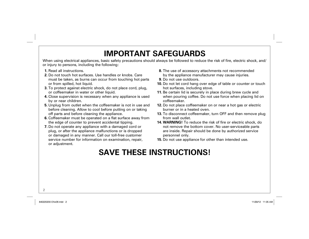 Hamilton Beach 43700 manual Important Safeguards 