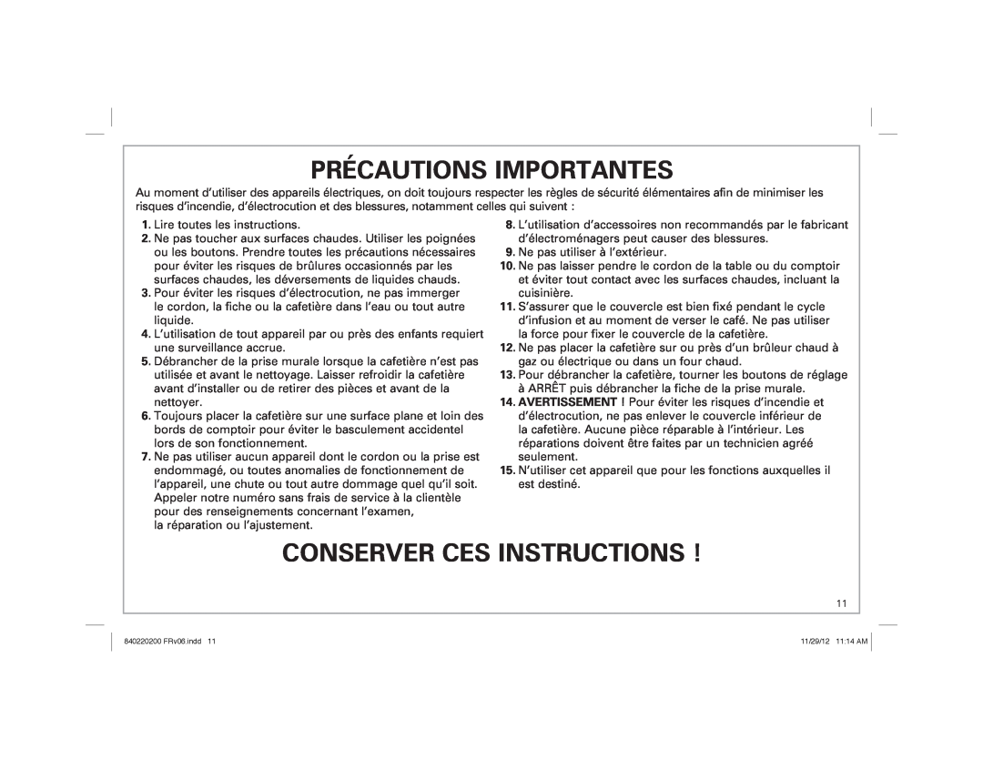 Hamilton Beach 43700 manual Précautions Importantes, Conserver Ces Instructions 