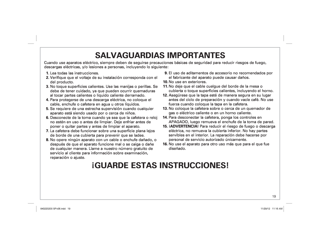 Hamilton Beach 43700 manual Salvaguardias Importantes, ¡Guarde Estas Instrucciones 