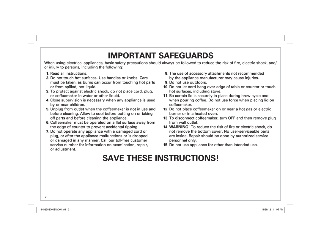 Hamilton Beach 43700 manual Important Safeguards, Save These Instructions 