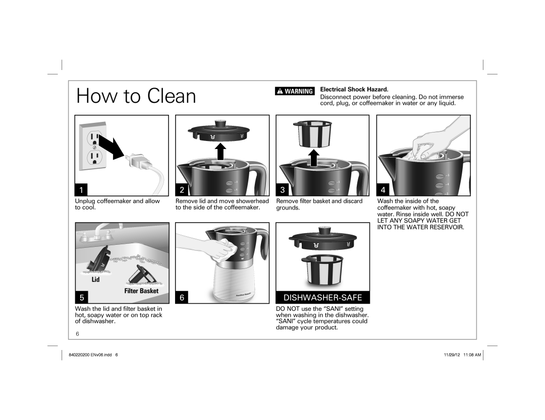 Hamilton Beach 43700 manual How to Clean, Dishwasher-Safe, w WARNING Electrical Shock Hazard 