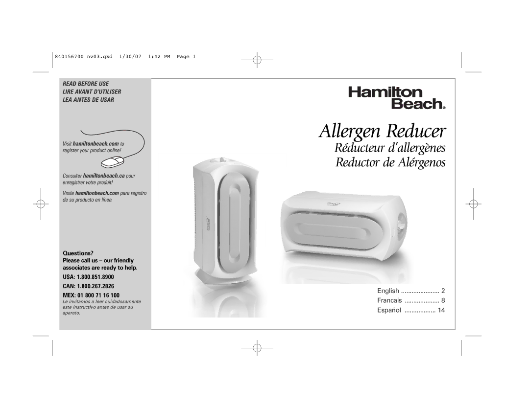 Hamilton Beach 4383 manual Allergen Reducer, Read Before USE Lire Avant D’UTILISER LEA Antes DE Usar 