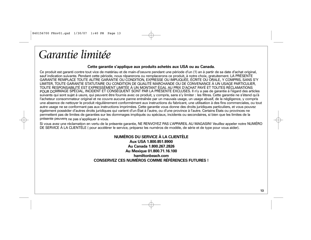 Hamilton Beach 4383 manual Garantie limitée, Aux USA Au Canada Au Mexique Hamiltonbeach.com 