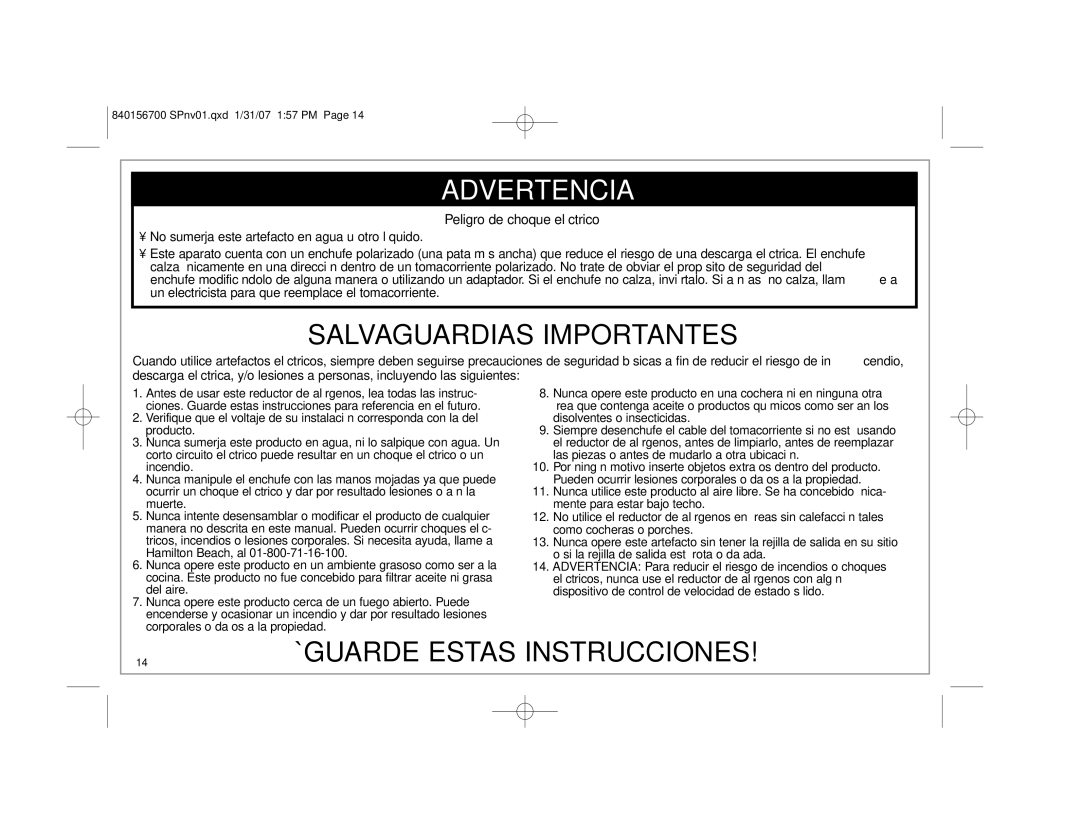 Hamilton Beach 4383 manual Wadvertencia, Peligro de choque eléctrico 