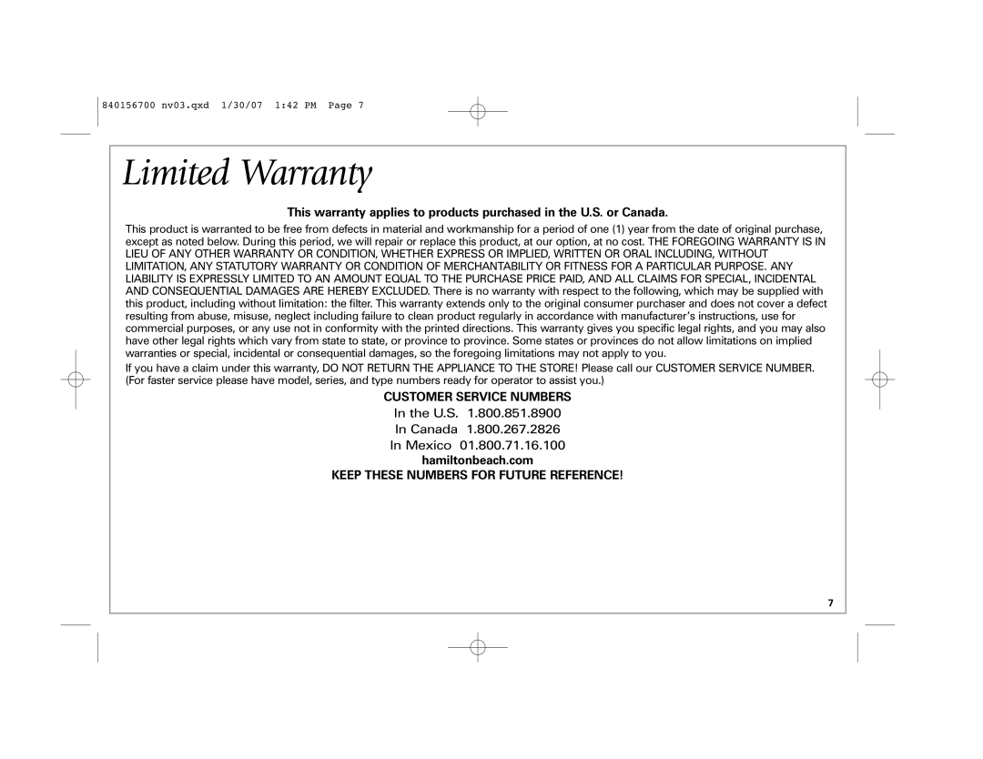 Hamilton Beach 4383 manual Limited Warranty, Hamiltonbeach.com 