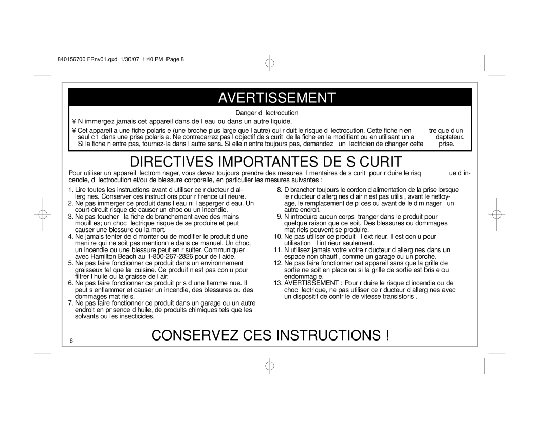 Hamilton Beach 4383 manual Directives Importantes DE Sécurité 