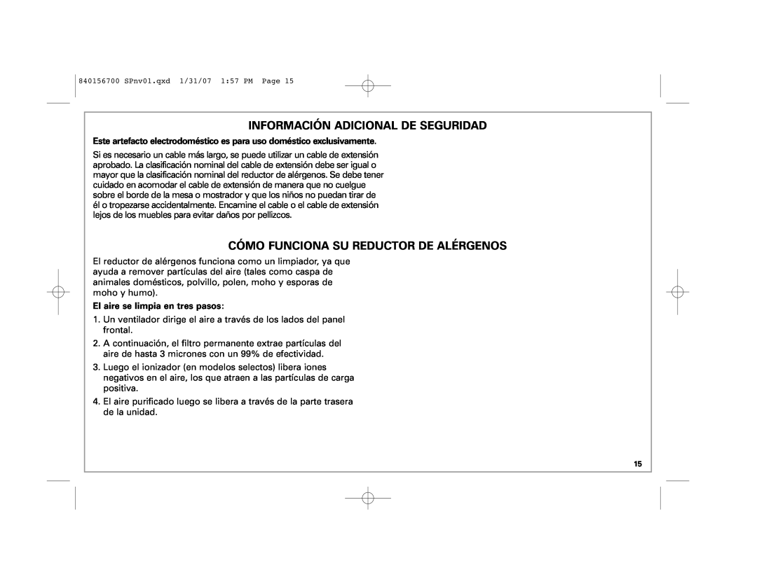 Hamilton Beach 4383 manual Información Adicional De Seguridad, Cómo Funciona Su Reductor De Alérgenos 
