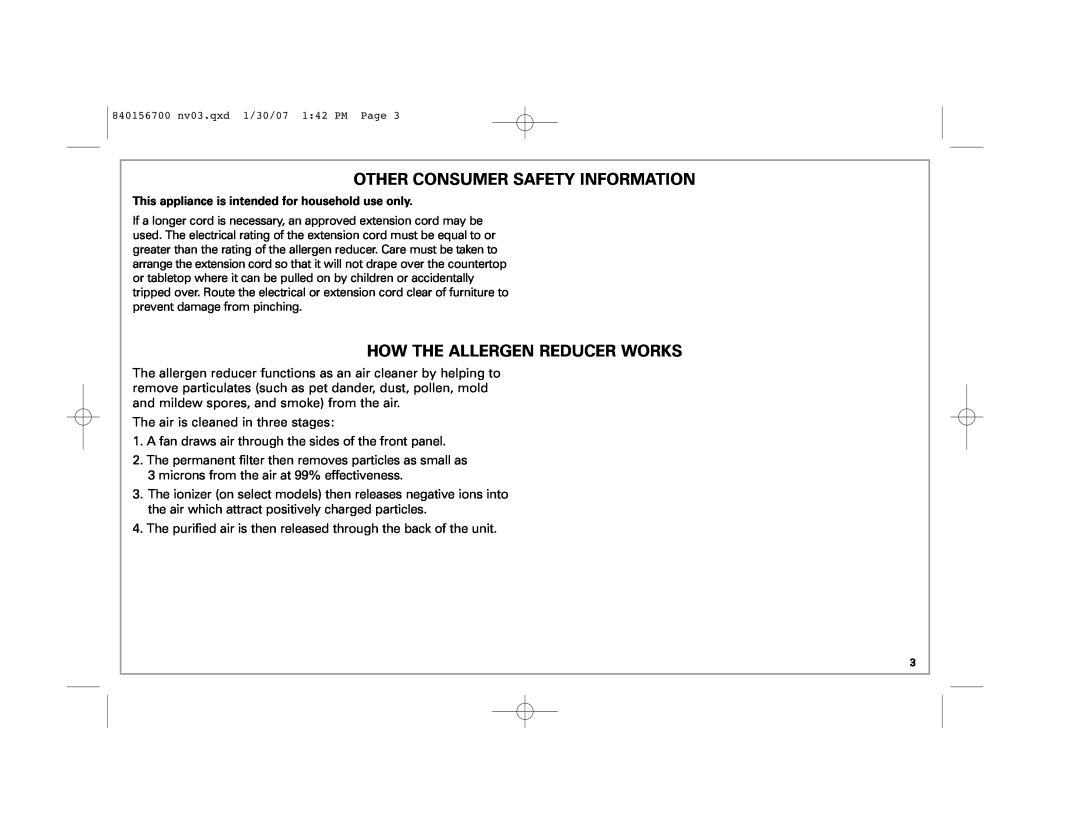 Hamilton Beach 4383 manual Other Consumer Safety Information, How The Allergen Reducer Works 