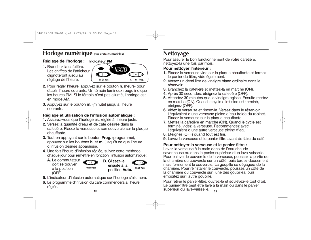 Hamilton Beach 44141-MX Nettoyage, Réglage de l’horloge Indicateur PM, Réglage et utilisation de l’infusion automatique 