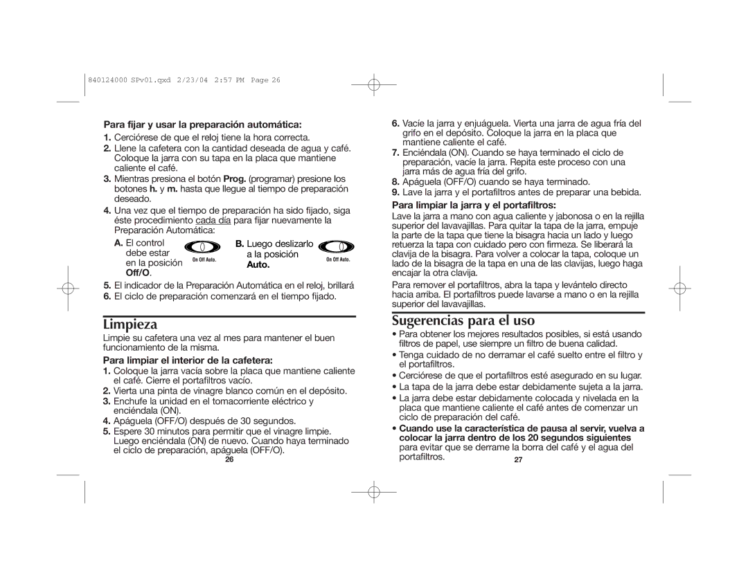 Hamilton Beach 44141-MX, 44274, 44241-MX Limpieza, Sugerencias para el uso, Para fijar y usar la preparación automática 