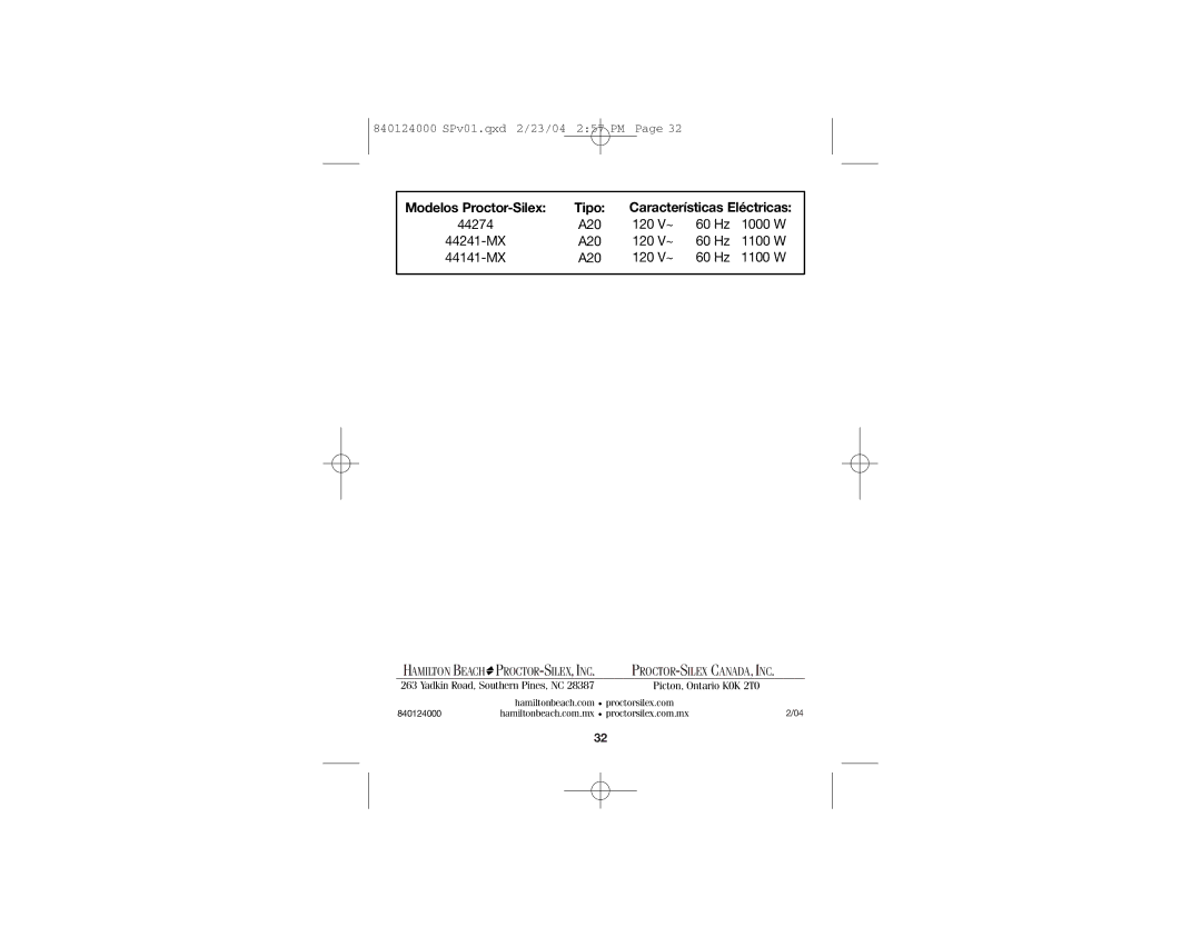 Hamilton Beach 44141-MX, 44274, 44241-MX manual Modelos Proctor-Silex Tipo Características Eléctricas 