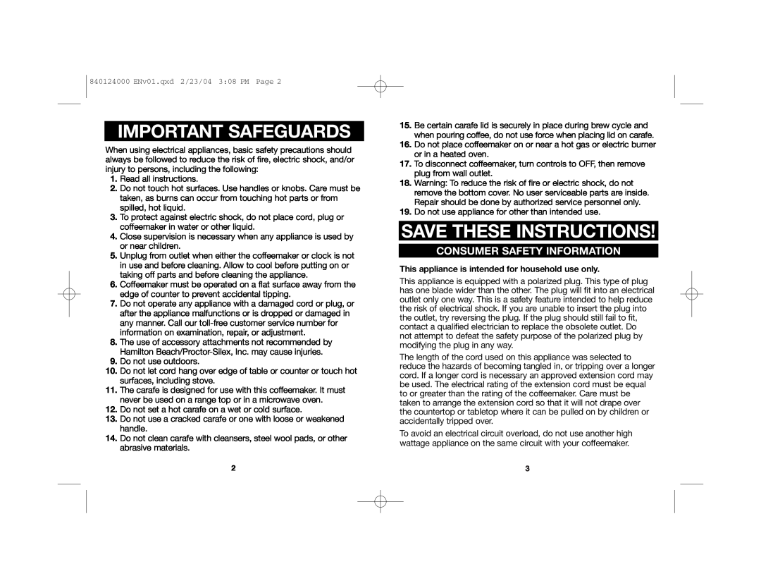 Hamilton Beach 44241-MX, 44274, 44141-MX manual Important Safeguards, Save These Instructions, Consumer Safety Information 