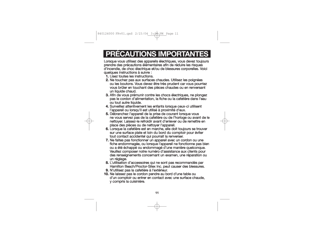Hamilton Beach 44141-MX, 44274, 44241-MX manual Précautions Importantes 