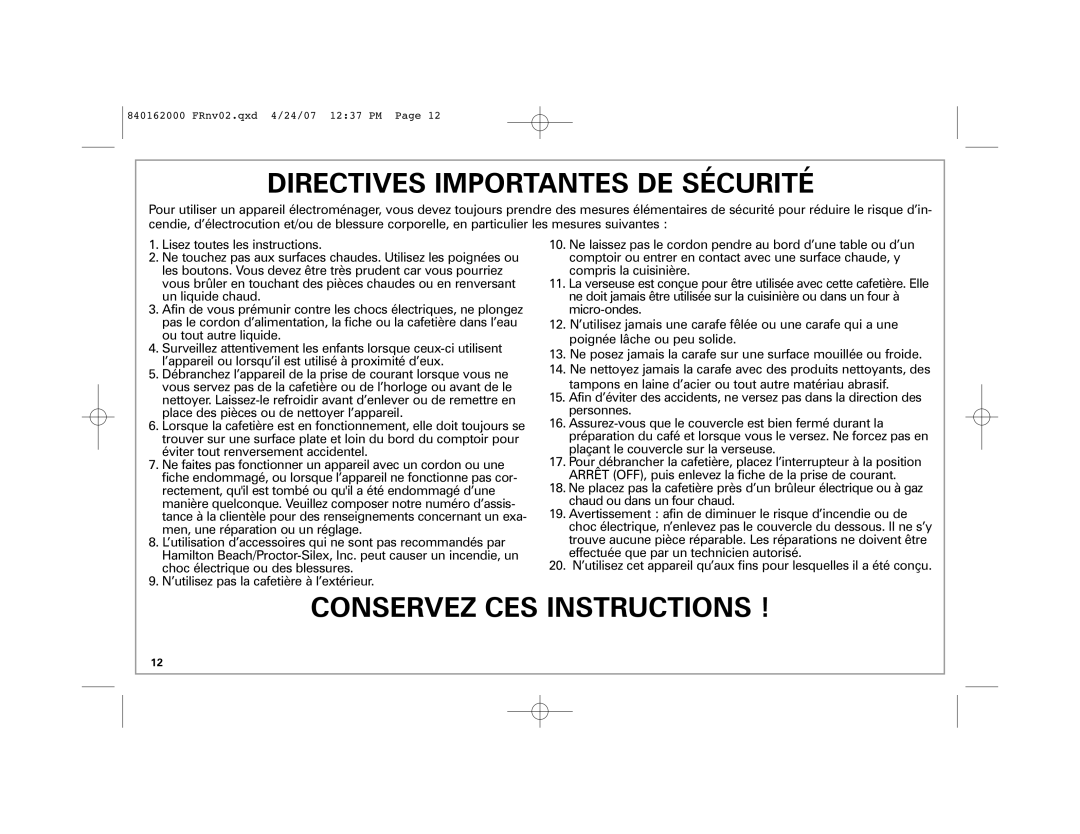 Hamilton Beach 44559 manual Directives Importantes DE Sécurité 