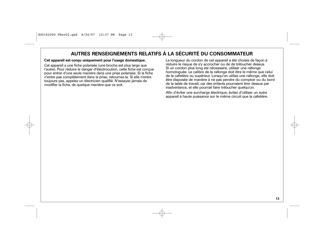 Hamilton Beach 44559 manual Autres Renseignements Relatifs À LA Sécurité DU Consommateur 