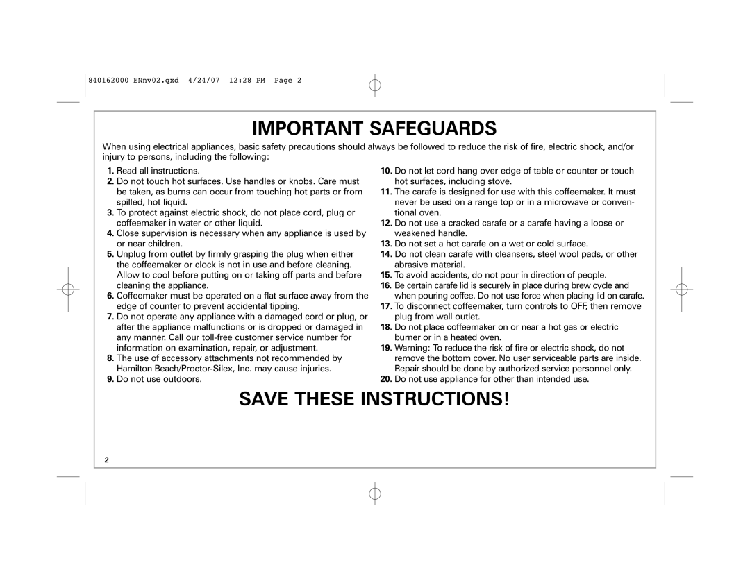 Hamilton Beach 44559 manual Important Safeguards 