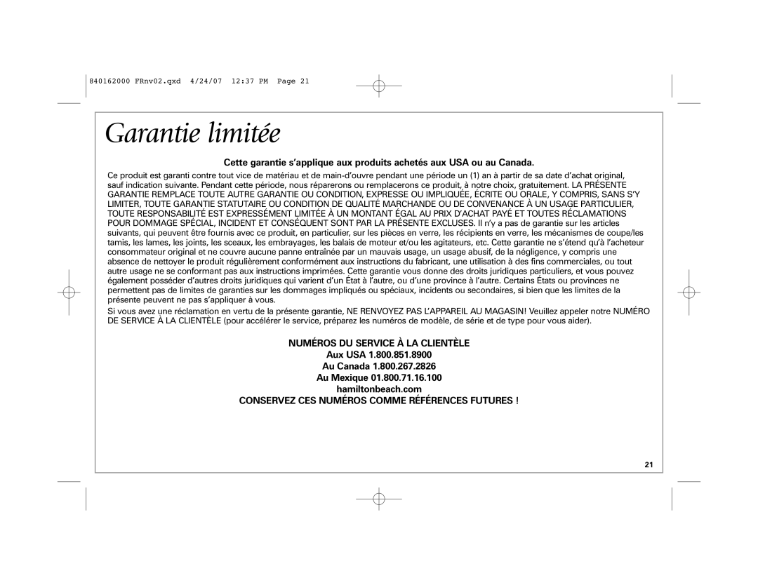 Hamilton Beach 44559 manual Garantie limitée, Aux USA Au Canada Au Mexique Hamiltonbeach.com 