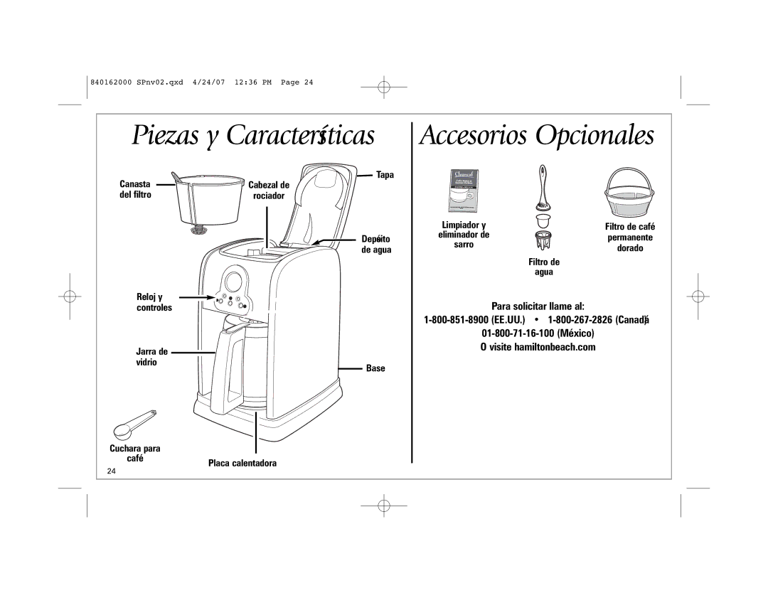 Hamilton Beach 44559 manual Piezas y Características, Accesorios Opcionales, Canasta, Del filtro 