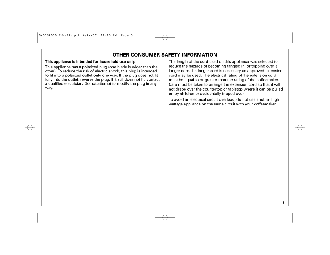 Hamilton Beach 44559 manual Other Consumer Safety Information, This appliance is intended for household use only 