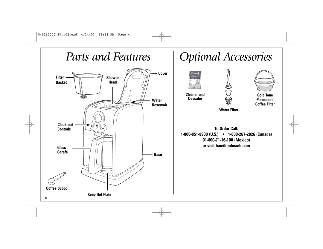 Hamilton Beach 44559 manual Parts and Features, Optional Accessories 