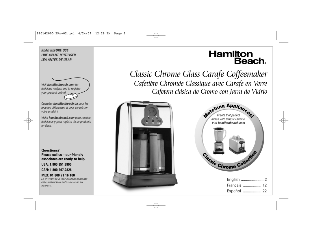 Hamilton Beach 44559 manual Classic Chrome Glass Carafe Coffeemaker, Cafetière Chromée Classique avec Carafe en Verre 