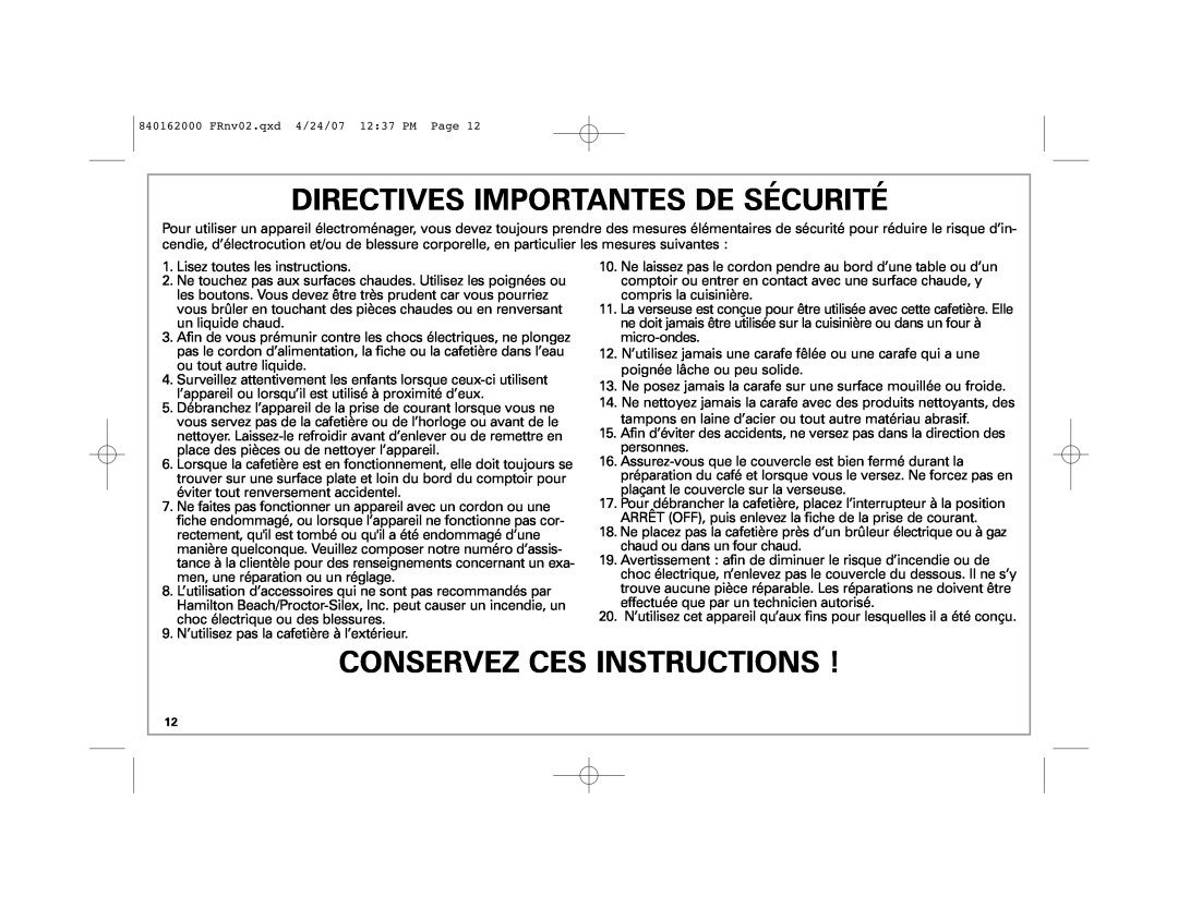 Hamilton Beach 44559 manual Directives Importantes De Sécurité, Conservez Ces Instructions 