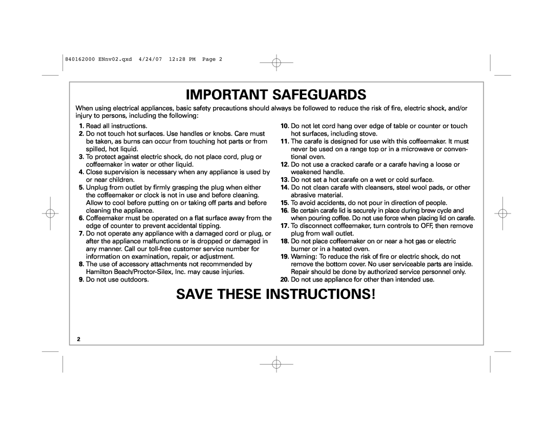 Hamilton Beach 44559 manual Important Safeguards, Save These Instructions 