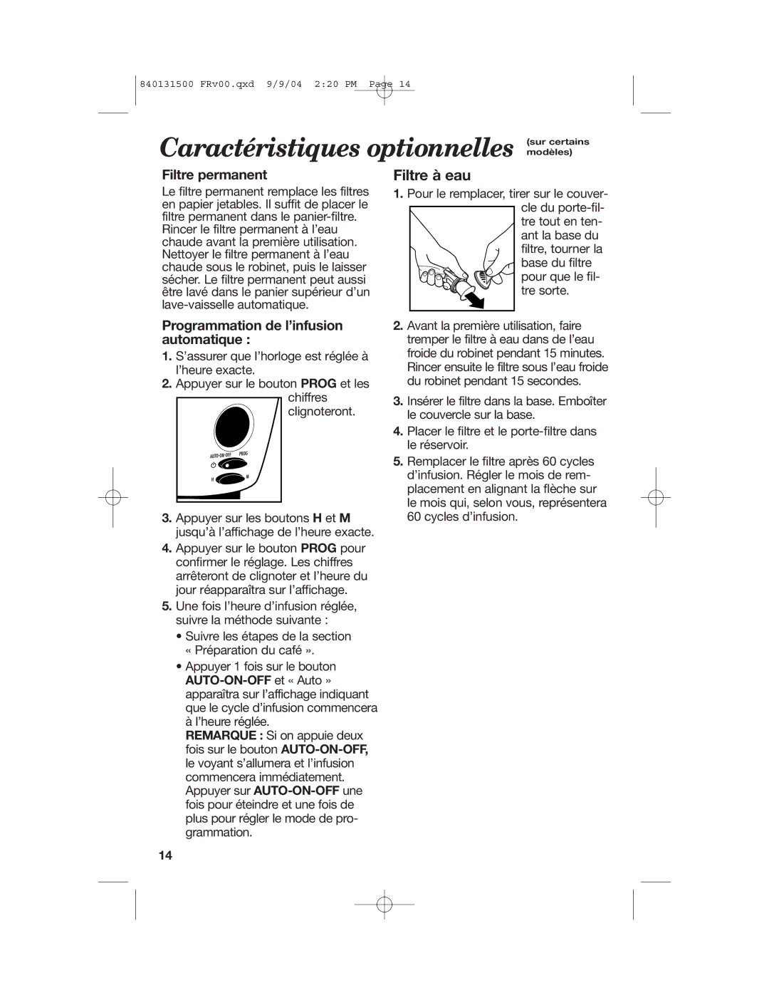 Hamilton Beach 45214, 45114, 45234 manual Filtre permanent, Programmation de l’infusion automatique 