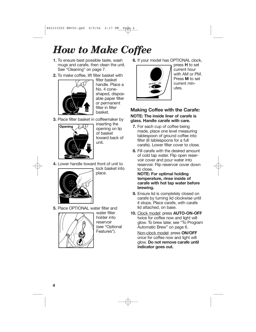 Hamilton Beach 45234, 45114, 45214 manual How to Make Coffee, Making Coffee with the Carafe 