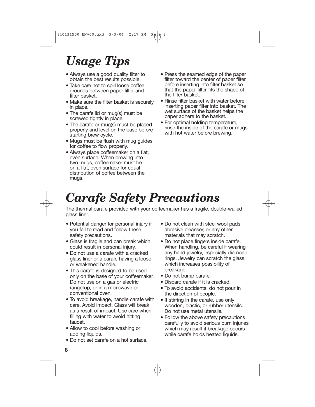 Hamilton Beach 45214, 45114, 45234 manual Usage Tips, Carafe Safety Precautions 