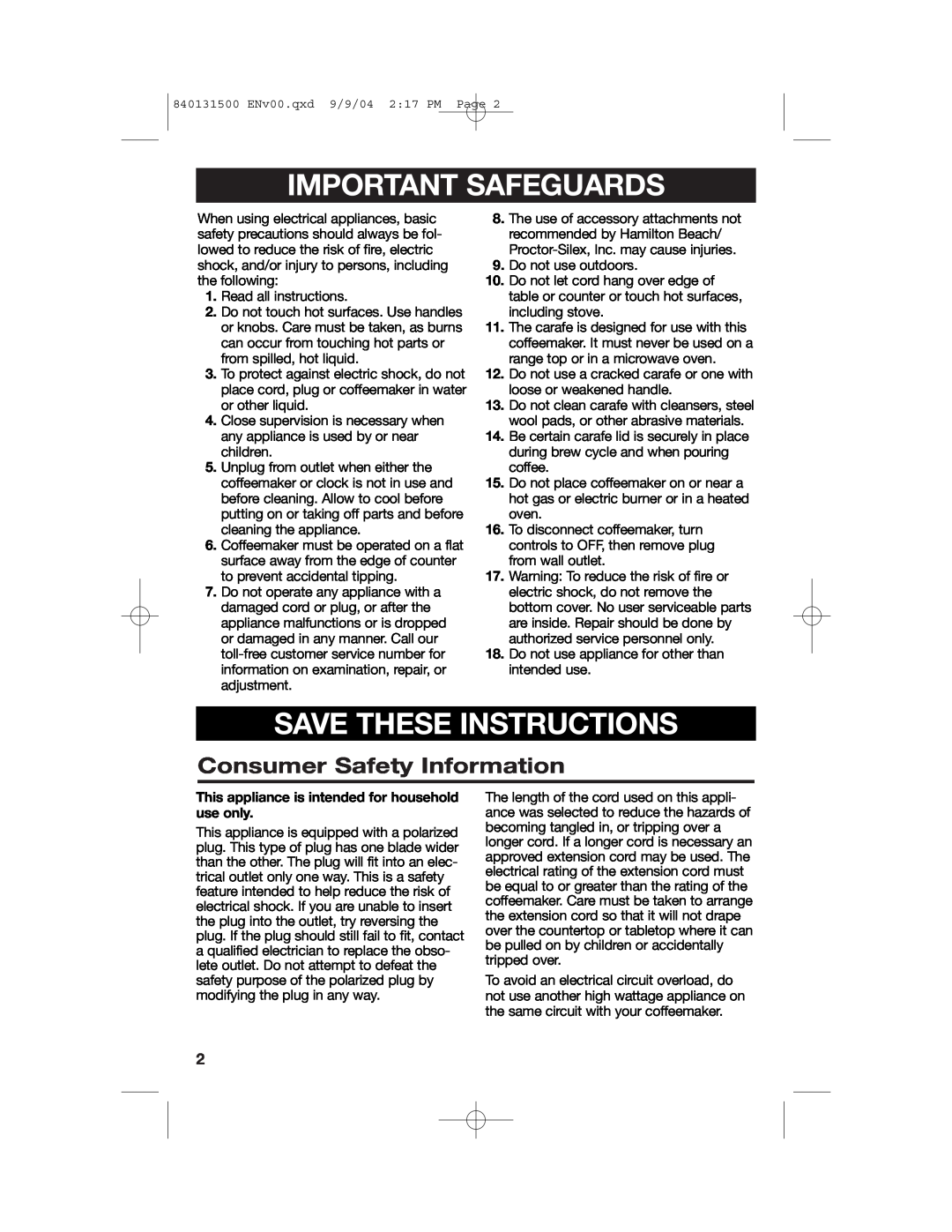 Hamilton Beach 45214, 45114, 45234 manual Important Safeguards, Save These Instructions, Consumer Safety Information 