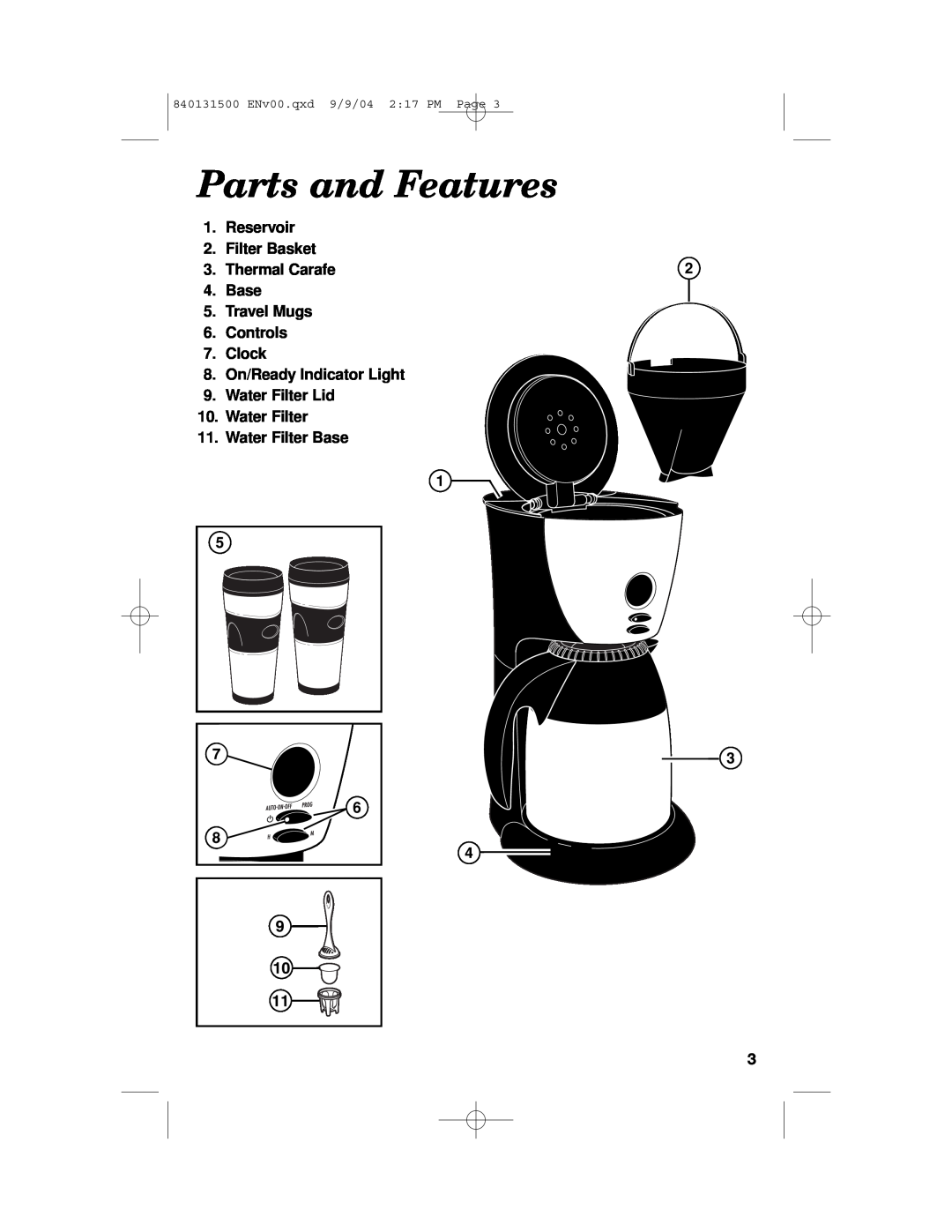 Hamilton Beach 45114 Parts and Features, Reservoir 2.Filter Basket 3.Thermal Carafe, Base 5.Travel Mugs 6.Controls 7.Clock 