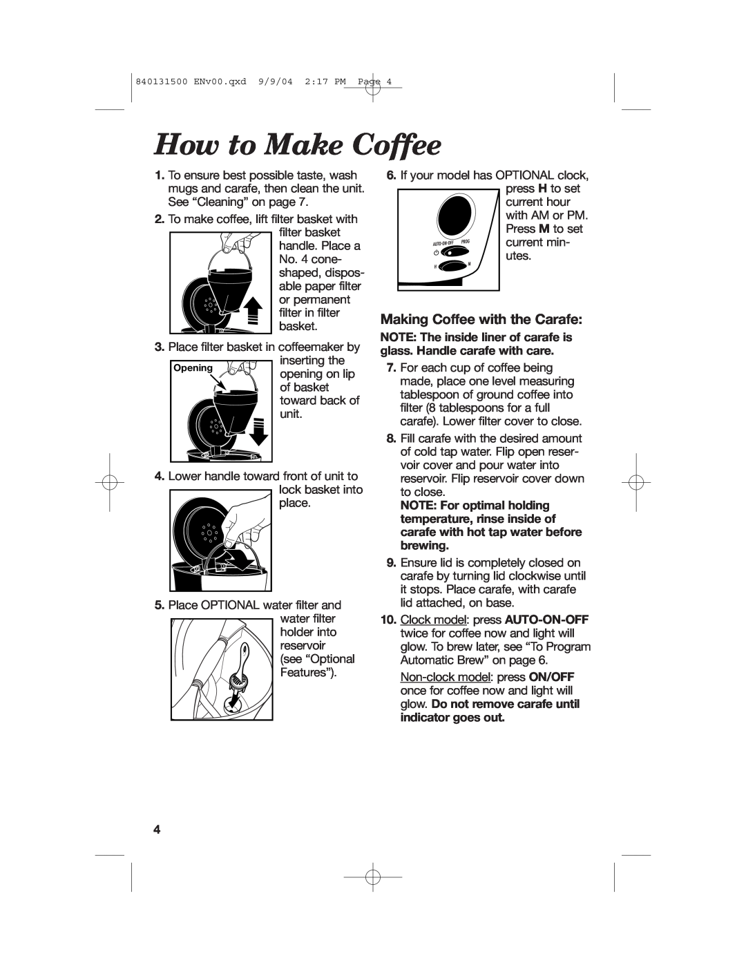 Hamilton Beach 45234, 45114, 45214 manual How to Make Coffee, Making Coffee with the Carafe 