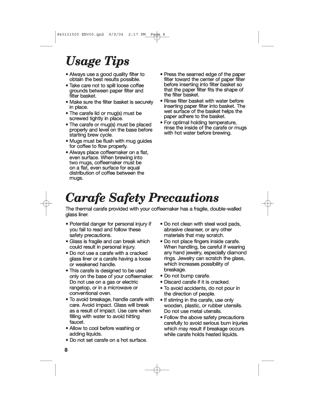 Hamilton Beach 45214, 45114, 45234 manual Usage Tips, Carafe Safety Precautions 