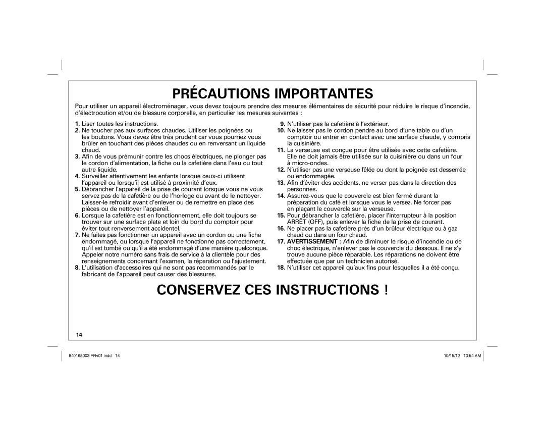 Hamilton Beach 45237R manual Précautions Importantes 